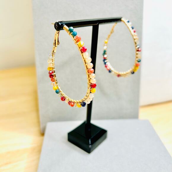 Colorful Beaded Gold Tone Teardrop Hoop Earrings - Picture 3 of 6